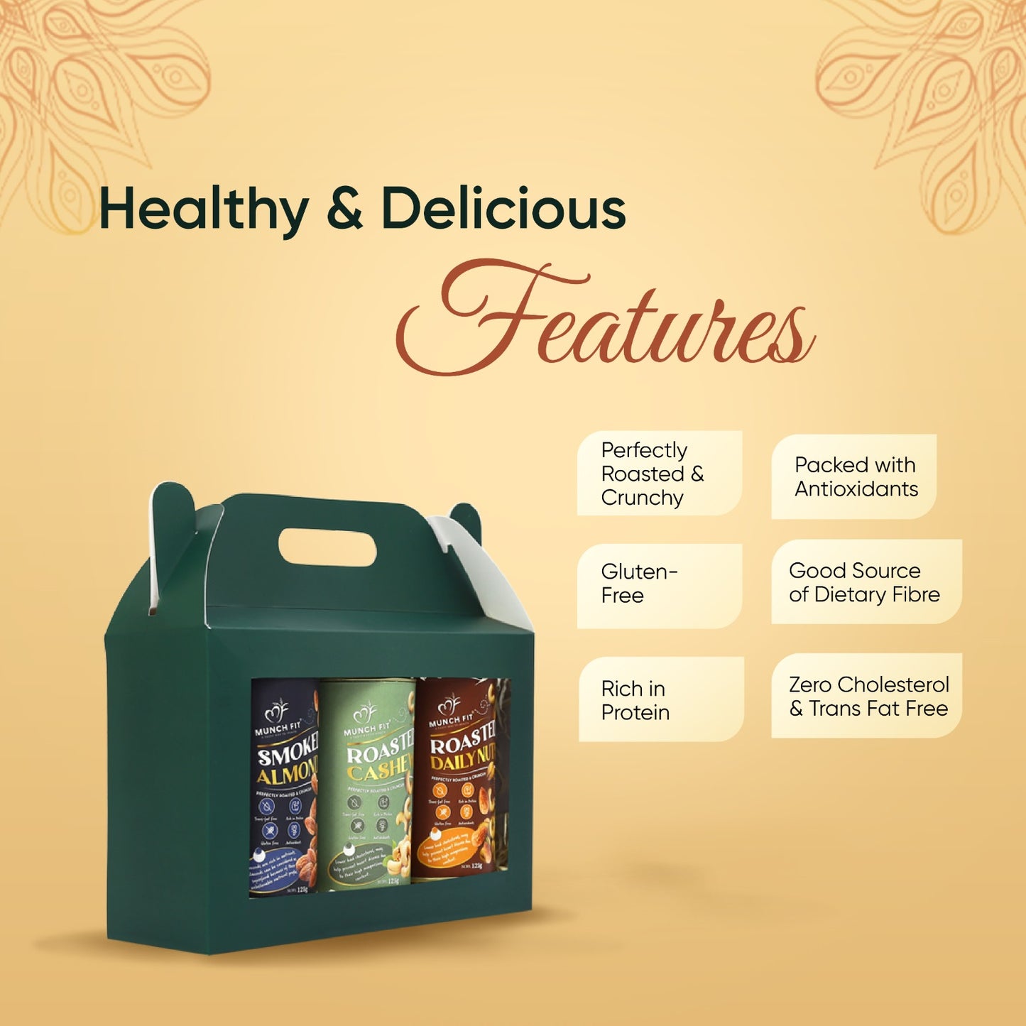
                  
                    Munchfit Rakhi Gift Box | Healthy Assorted Roasted Nuts of 3 Varieties | Smoked Almonds, Roasted Cashew & Roasted Daily Nuts | Tasty, Healthy & Crunchy Raksha Bandhan Nuts Hamper | Pack of 1x125g each
                  
                