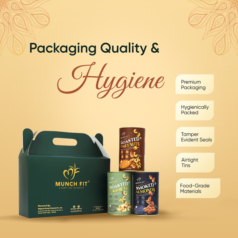 
                  
                    Munchfit Rakhi Gift Box | Healthy Assorted Roasted Nuts of 3 Varieties | Smoked Almonds, Roasted Cashew & Roasted Daily Nuts | Tasty, Healthy & Crunchy Raksha Bandhan Nuts Hamper | Pack of 1x125g each
                  
                