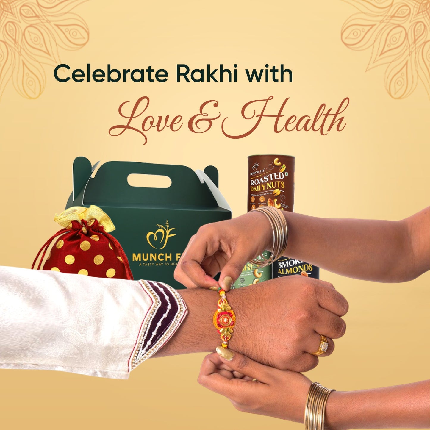 
                  
                    Munchfit Rakhi Gift Box | Healthy Assorted Roasted Nuts of 3 Varieties | Smoked Almonds, Roasted Cashew & Roasted Daily Nuts | Tasty, Healthy & Crunchy Raksha Bandhan Nuts Hamper | Pack of 1x125g each
                  
                