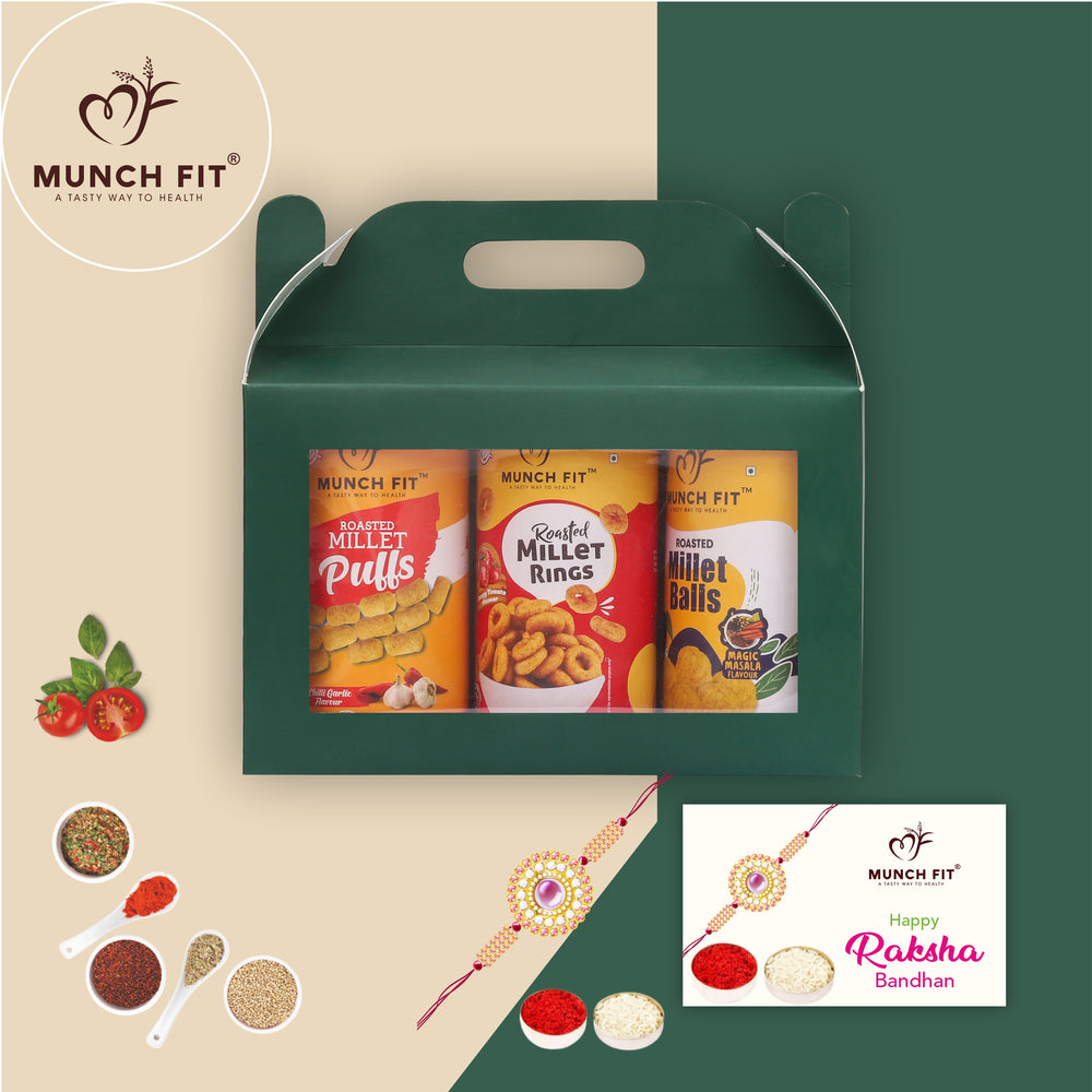 
                  
                    Munch Fit Healthy Rakshabandhan Gift Pack with Card & Rakhi Threads | Combo of 3 Varieties of Tasty, Healthy Snacks & Puffs | Magic Masala, Chilli Garlic & Tangy Tomato | Perfect Rakshabandhan Gift for Family & Friends | Pack of 1x25g each
                  
                