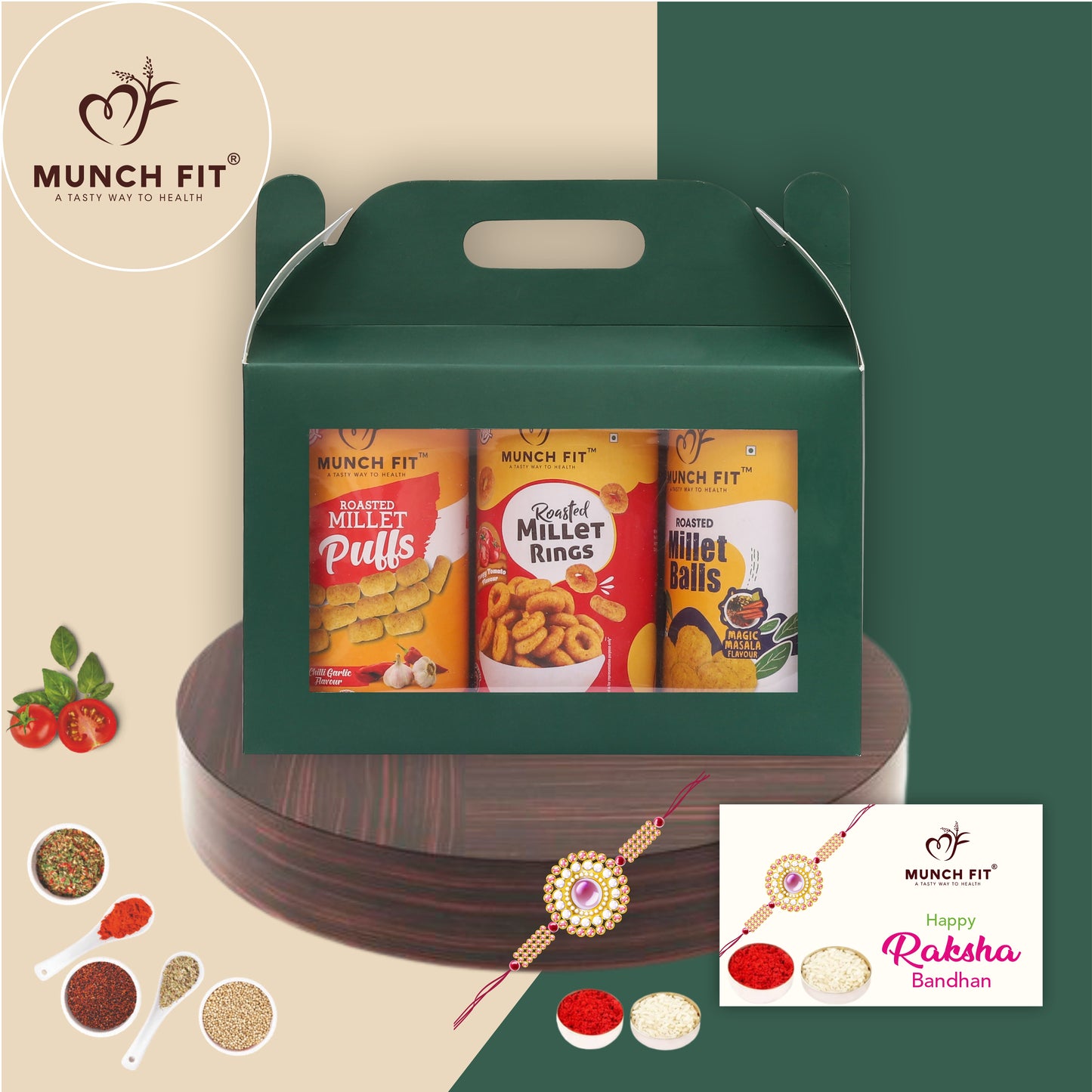 
                  
                    Munch Fit Healthy Rakshabandhan Gift Pack with Card & Rakhi Threads | Combo of 3 Varieties of Tasty, Healthy Snacks & Puffs | Magic Masala, Chilli Garlic & Tangy Tomato | Perfect Rakshabandhan Gift for Family & Friends | Pack of 1x25g each
                  
                