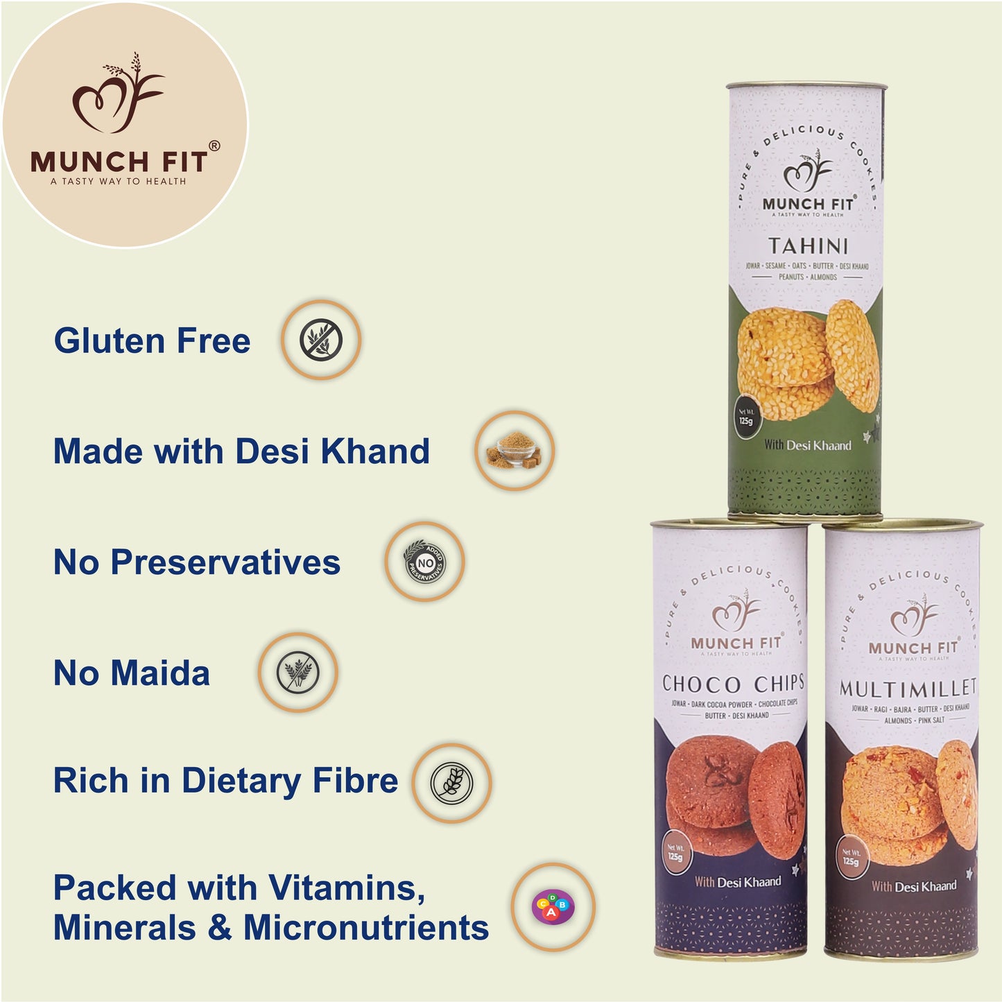 
                  
                    Munchfit Cookies Gift Box for Rakshabandhan | Assorted Cookies of 3 Varieties | Choco Chip, Multi Millet & Tahini Cookies | Tasty & Crunchy Rakshabandhan Cookies Gift Hamper | Pack of 1x125g each
                  
                