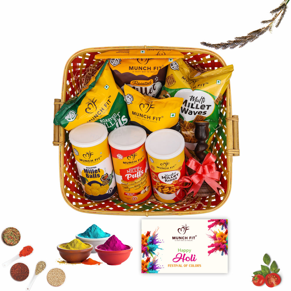 Munchfit Holi Gift Hamper with Sweet & Salted, Tasty, & Crunchy Healthy Snacks & Puffs with Card | Gift for Holi Festival for Friends & Family | Pack of 7