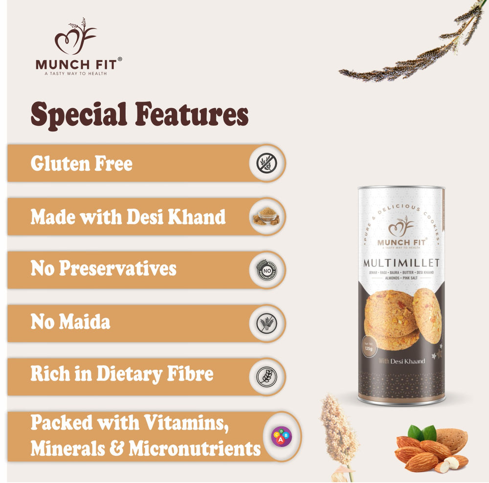 
                  
                    Munch Fit Healthy, Tasty & Crunchy Millet Cookies Combo of 3 Varieties | Choco Chip Cookies | Multimillets Cookies | Tahini Cookies | 100% Natural & Healthy Cookies | Gluten Free | No Maida, No Added Sugar | Made with Desi Khaand
                  
                