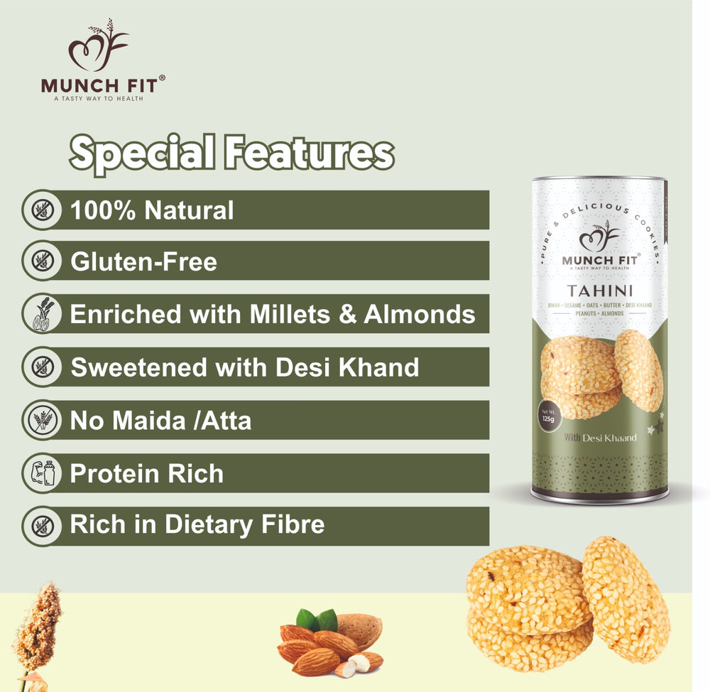 
                  
                    Munch Fit Jowar Sesame Oats Tahini Cookies | Healthy & Tasty Snack Item For Tea or Coffee | Rich in Protein & Fiber | Gluten Free | No Maida, No Added Sugar | Made with Desi Khaand | Pack of 2x125g
                  
                