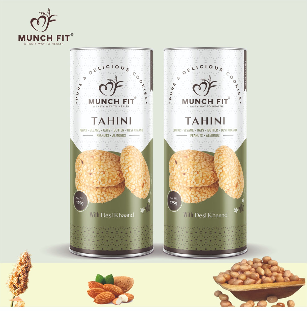 Munch Fit Jowar Sesame Oats Tahini Cookies | Healthy & Tasty Snack Item For Tea or Coffee | Rich in Protein & Fiber | Gluten Free | No Maida, No Added Sugar | Made with Desi Khaand | Pack of 2x125g