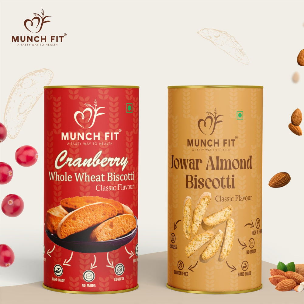 Munchfit Jowar Almond Biscotti (Classic) & Cranberry Whole Wheat Biscotti | Healthy, Gluten-Free, Eggless & Hand-Made Cookies | High Fiber, No Maida | Perfect Tea-Time Snack for All Ages | Pack of 2x100g
