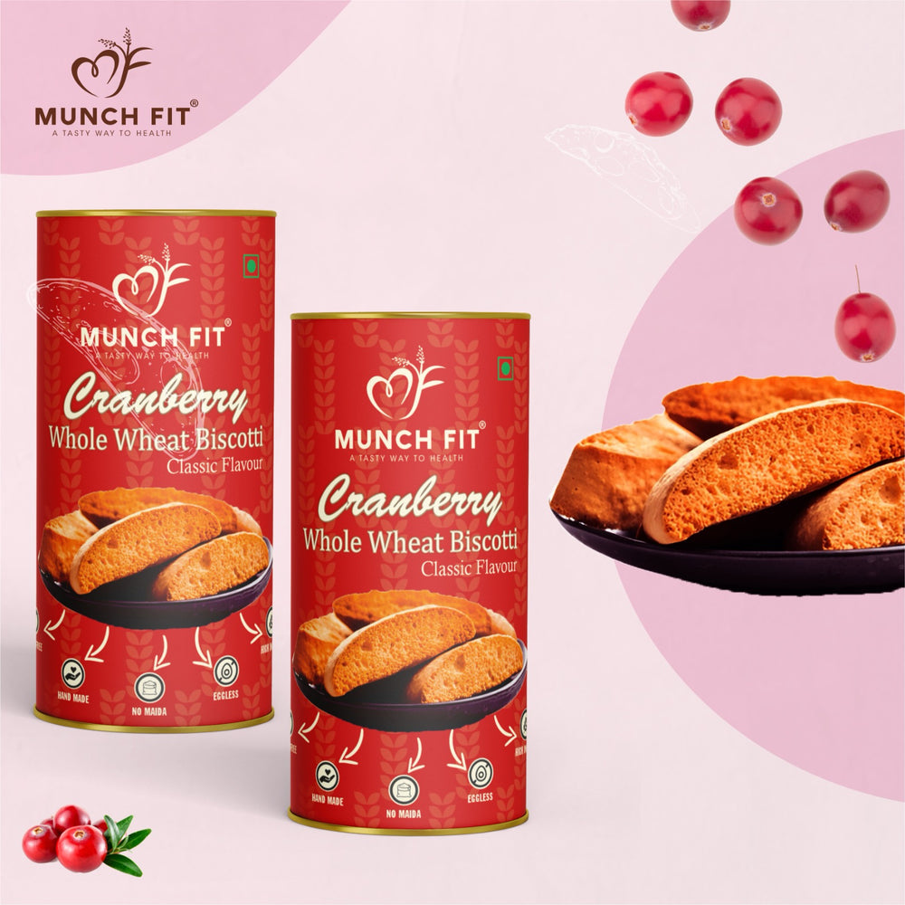 Munchfit Cranberry Whole Wheat Biscotti | Healthy, High Fiber, Eggless & Hand-Made Cookies | No Maida, Real Cranberries | Perfect Tea-Time Snack for All Ages | Pack of 2x100g