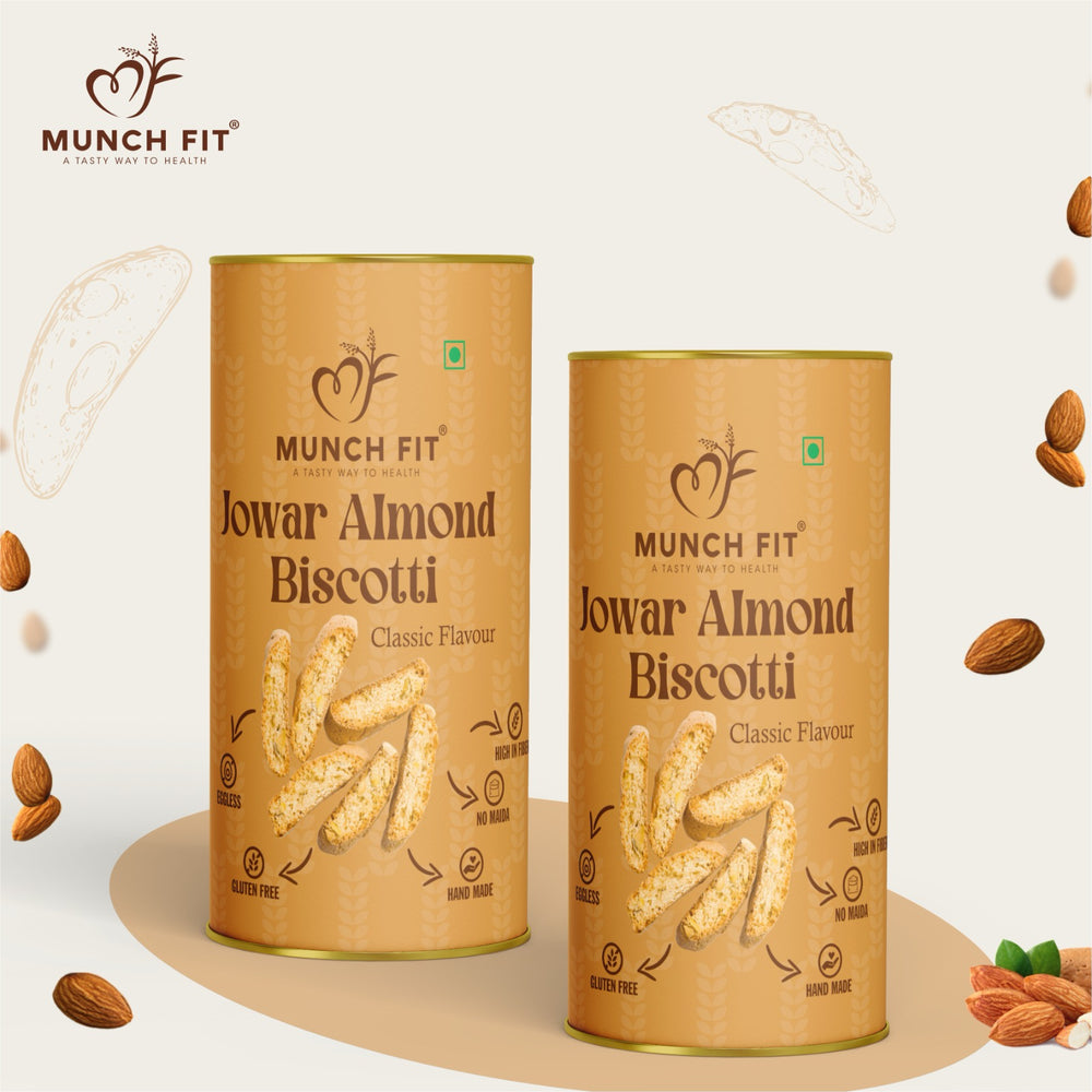 Munchfit Jowar Almond Biscotti (Classic) | Healthy, Gluten-Free, Eggless & Hand-Made Cookies | High Fiber, No Maida | Perfect Tea-Time Snack for All Ages | Pack of 2x100g