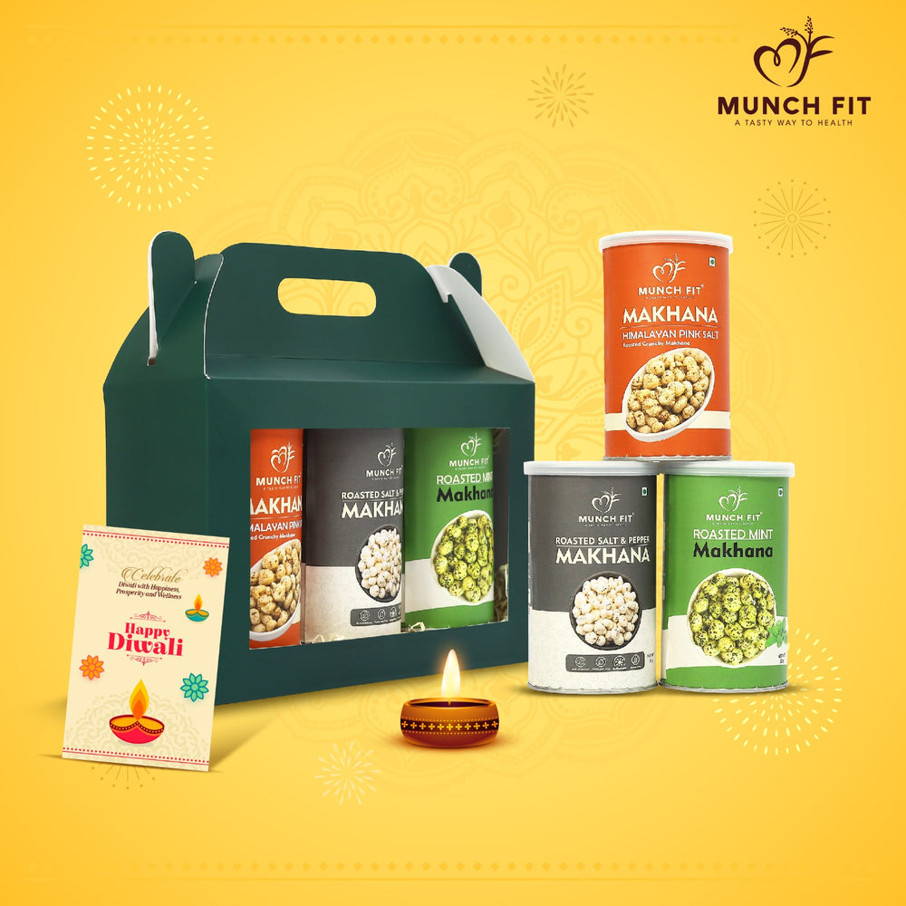 Munchfit Healthy Roasted Makhana Gift Hamper for Diwali | Combo of 3 Healthy Roasted Makhana Snacks Gift Pack with Diwali Wishes Card | Healthy, Tasty Gift Box for your loved ones