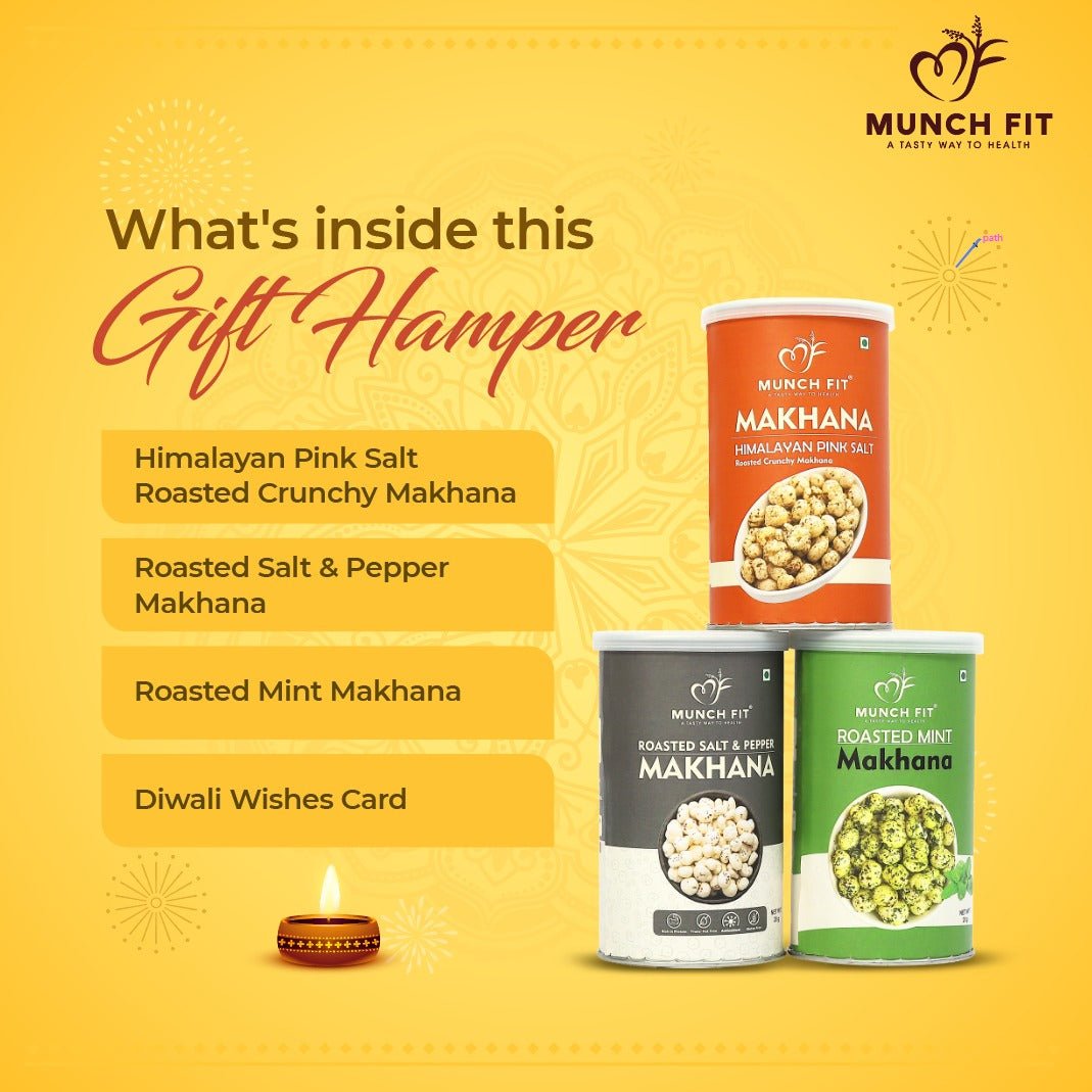 
                  
                    Munchfit Healthy Roasted Makhana Gift Hamper for Diwali | Combo of 3 Healthy Roasted Makhana Snacks Gift Pack with Diwali Wishes Card | Healthy, Tasty Gift Box for your loved ones
                  
                