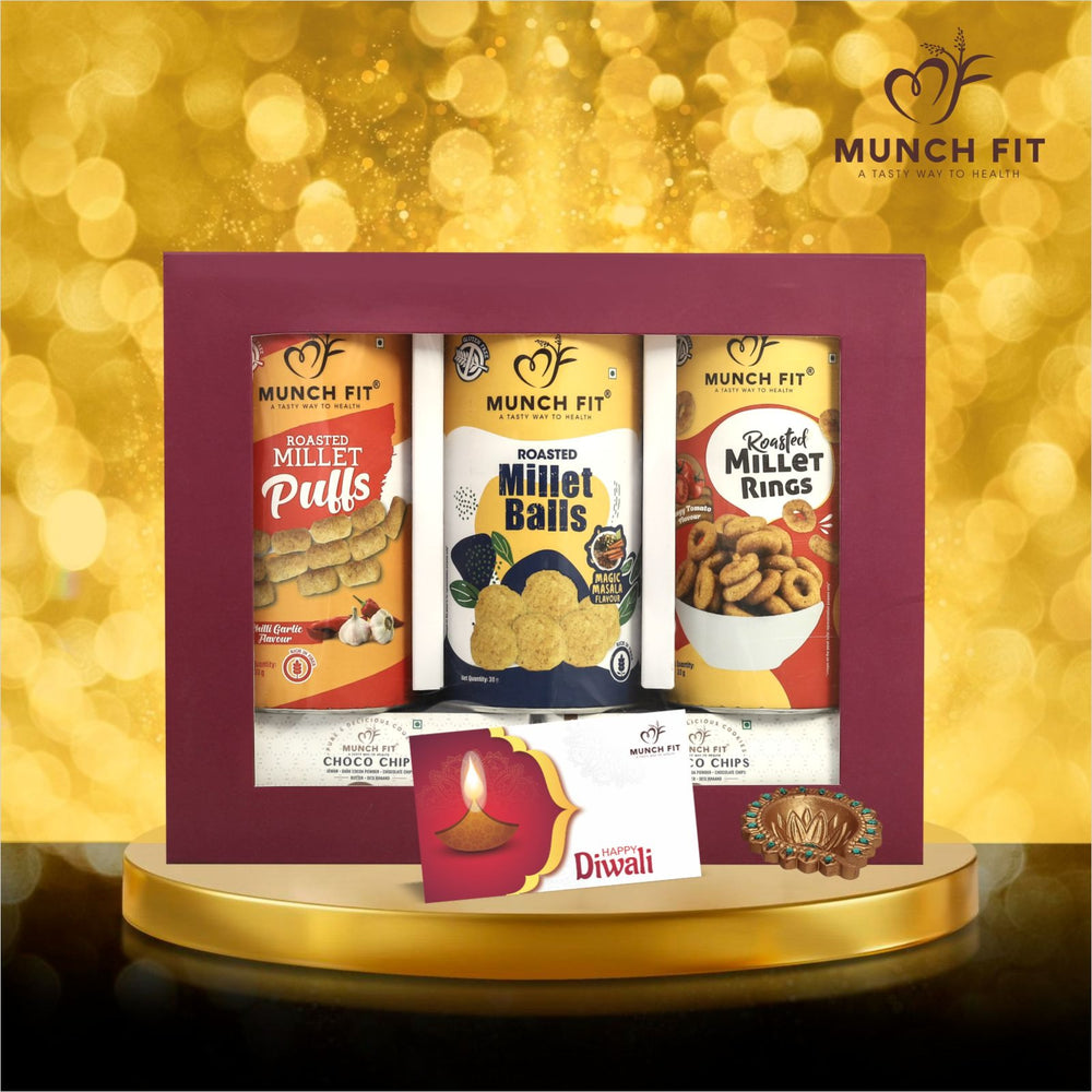 Munchfit Diwali Gift Hamper of Snacks & Cookies | Combo of 3 Healthy & Tasty Snacks, 2 Cookies with Beautiful Diya & Diwali Wishes Card | The perfect Diwali Gift Box for your loved ones