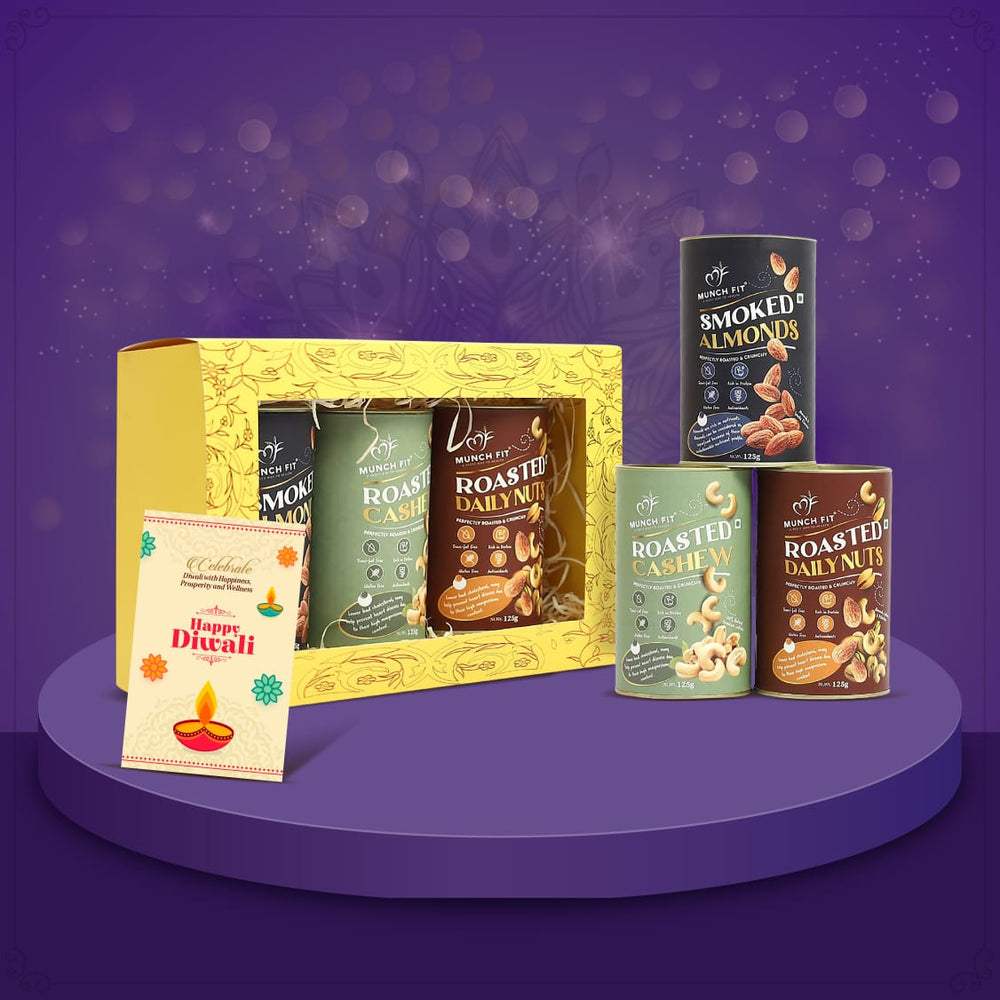 Munchfit Diwali Gift Box | Healthy Assorted Roasted Nuts of 3 Varieties | Smoked Almonds, Roasted Cashews & Roasted Daily Nuts | Tasty, Healthy & Crunchy  Nuts Diwali Hamper | Pack of 1x125g each