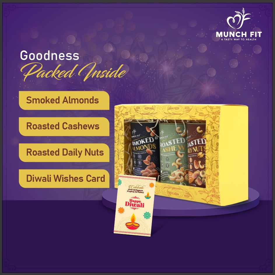 
                  
                    Munchfit Diwali Gift Box | Healthy Assorted Roasted Nuts of 3 Varieties | Smoked Almonds, Roasted Cashews & Roasted Daily Nuts | Tasty, Healthy & Crunchy  Nuts Diwali Hamper | Pack of 1x125g each
                  
                