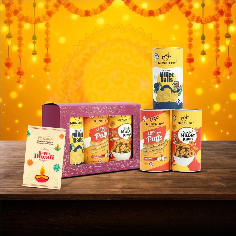 Munchfit Healthy Diwali Gift Pack | Combo of 3 Varieties of Tasty, Healthy Snacks & Puffs |Magic Masala, Chilli Garlic & Tangy Tomato | Diwali Gift Hamper for your friends & family |Pack of 1x30g each