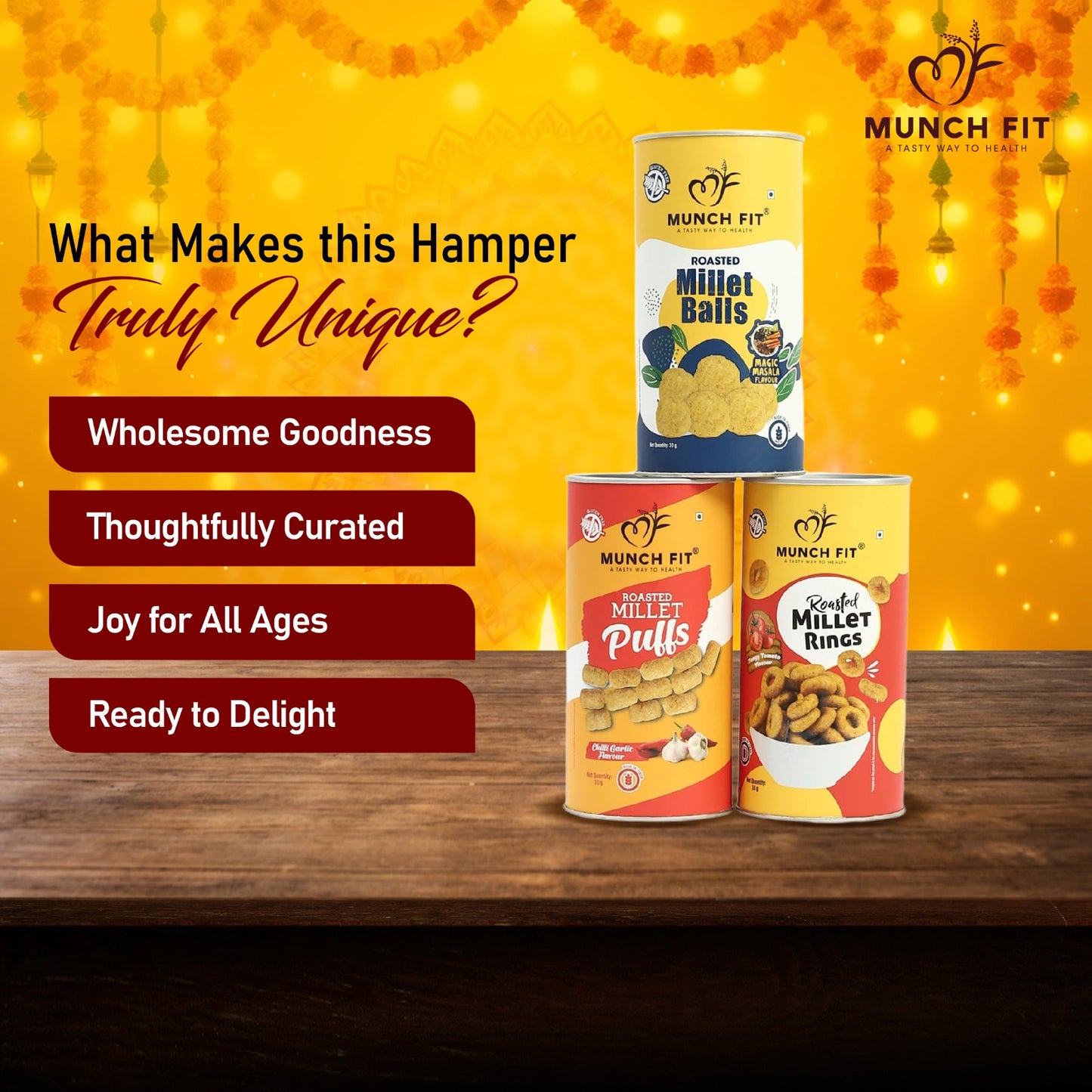 
                  
                    Munchfit Healthy Diwali Gift Pack | Combo of 3 Varieties of Tasty, Healthy Snacks & Puffs |Magic Masala, Chilli Garlic & Tangy Tomato | Diwali Gift Hamper for your friends & family |Pack of 1x30g each
                  
                