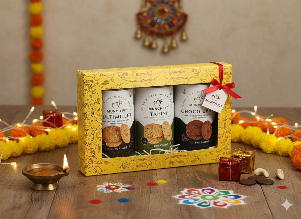 Munchfit Diwali Cookies Gift Pack with Diwali Card | Assorted Cookies of 3 Varieties | Choco Chip, Multi Millet & Tahini Cookies | Tasty & Crunchy Cookies Diwali Gift Hamper | Pack of 1x125g each