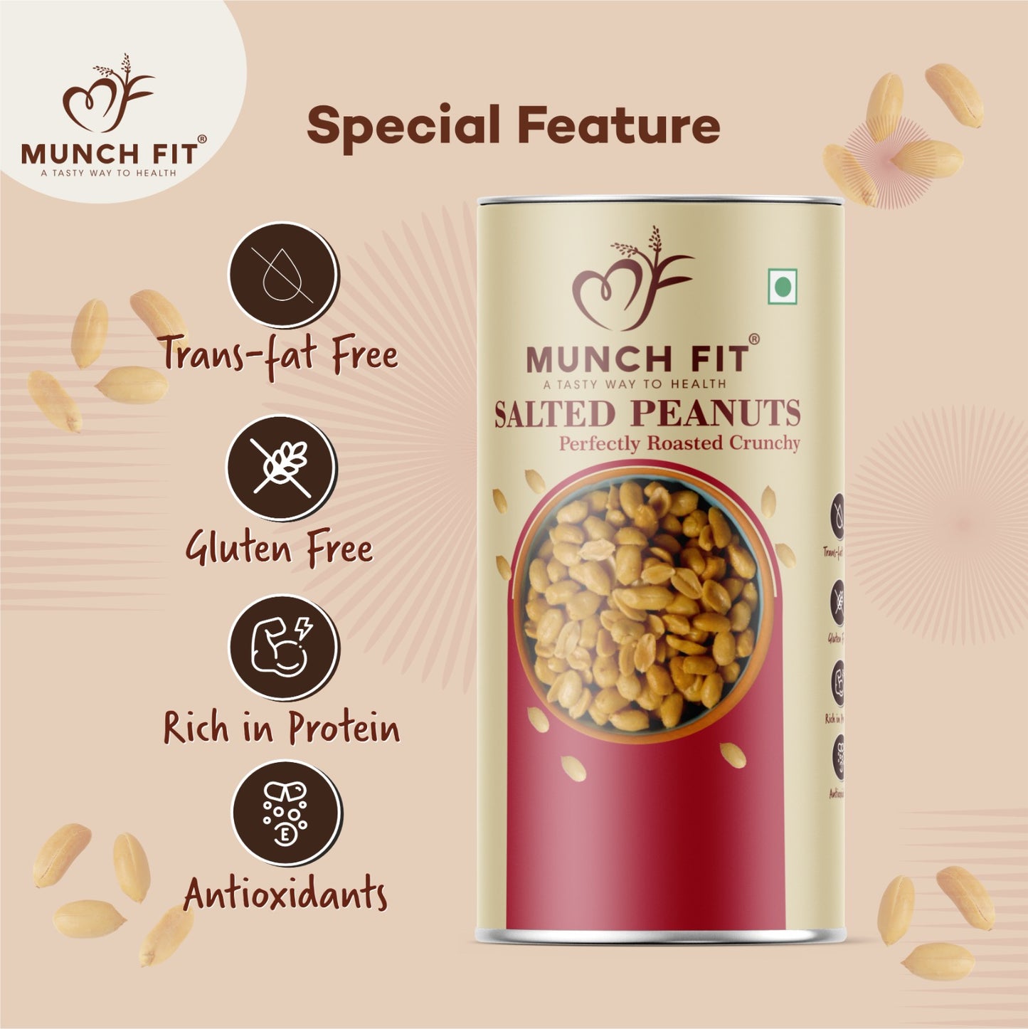 
                  
                    Munch Fit Salted Peanuts Perfectly Roasted & Crunchy | 75g | Premium Peanuts with Himalayan Pink Salt | Healthy Snack | Rich in Protein | Trans-Fat Free & Gluten Free
                  
                