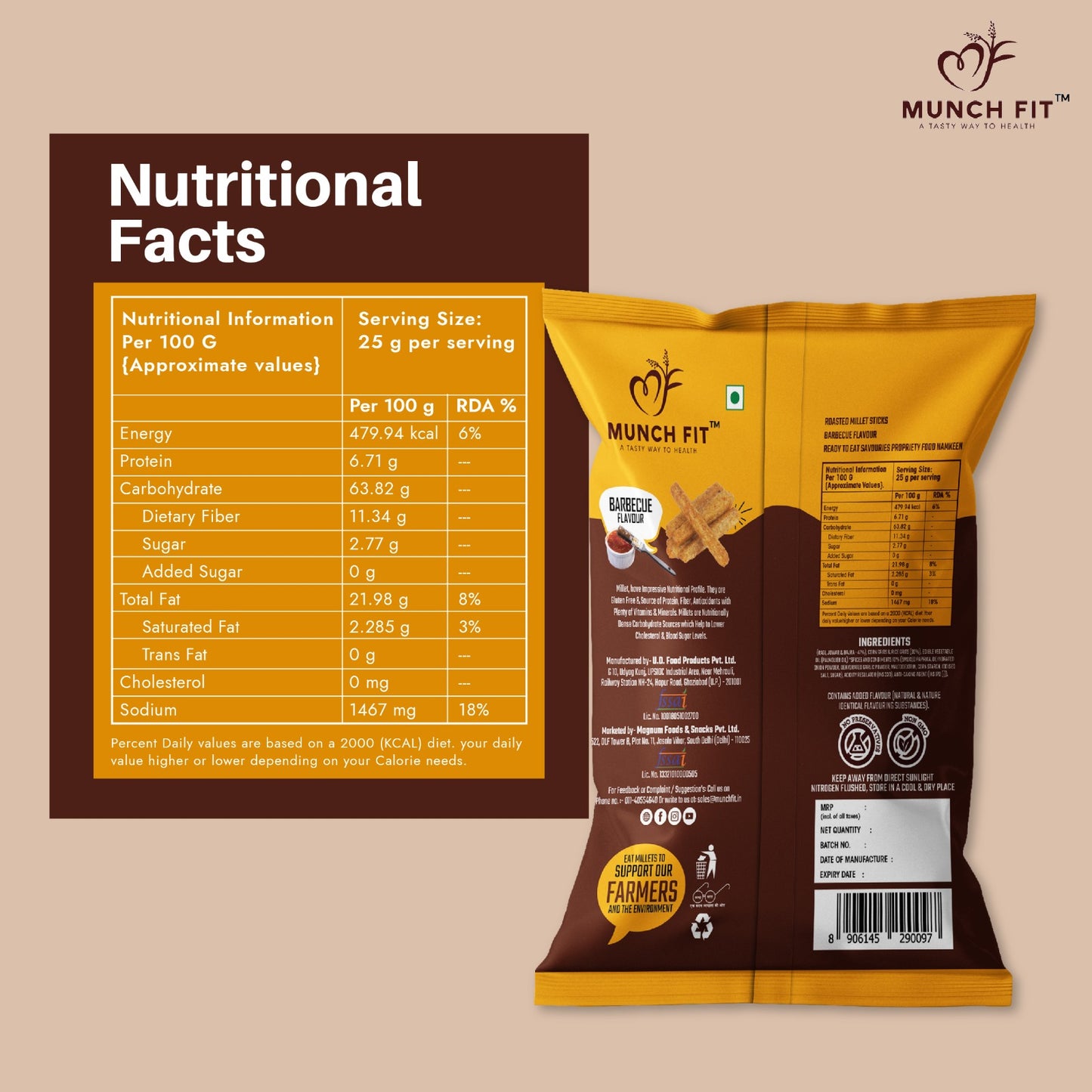 
                  
                    Munch Fit Roasted Millet Sticks – Barbecue Flavour | 50g | Crunchy Healthy Snack | Gluten Free | Zero Cholesterol & Trans Fat | High Fiber Millet Snack
                  
                