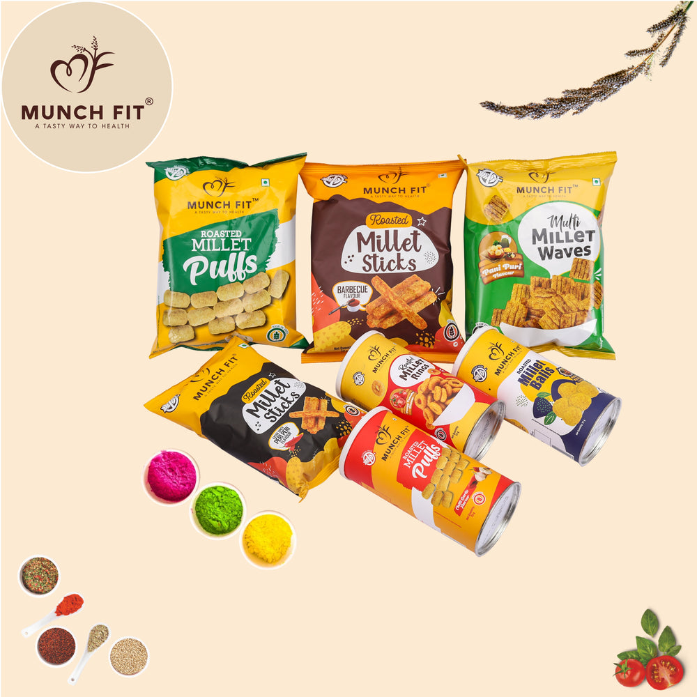 
                  
                    Munchfit Holi Gift Hamper with Sweet & Salted, Tasty, & Crunchy Healthy Snacks & Puffs with Card & Gulal | Gift for Holi Festival for Friends & Family | Pack of 7 Varieties of Snacks
                  
                