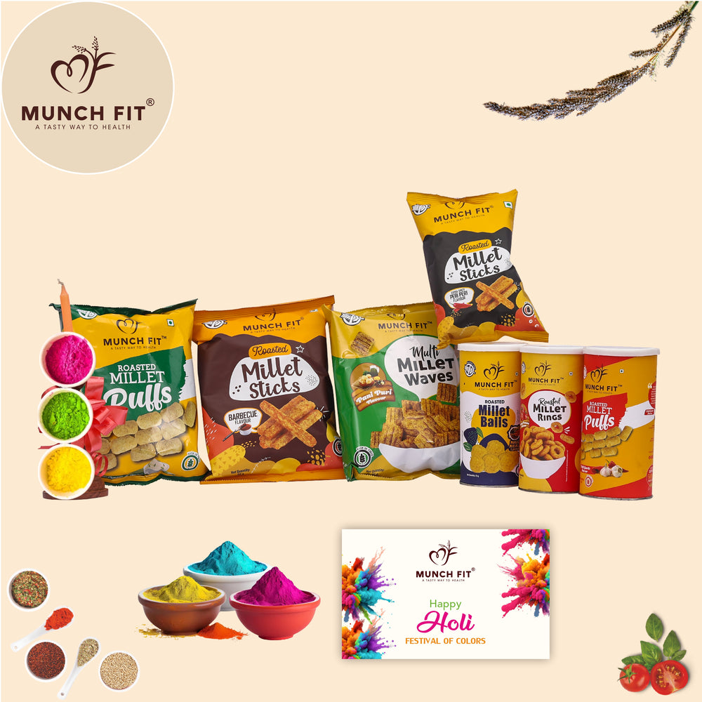 
                  
                    Munchfit Holi Gift Hamper with Sweet & Salted, Tasty, & Crunchy Healthy Snacks & Puffs with Card & Gulal | Gift for Holi Festival for Friends & Family | Pack of 7 Varieties of Snacks
                  
                