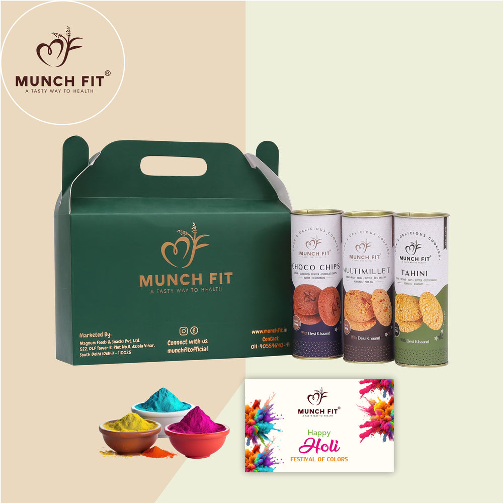 
                  
                    Munchfit Cookies Gift Box for Holi with Gulal & Card | Assorted Cookies of 3 Varieties | Choco Chip, Multi Millet & Tahini Cookies | Tasty & Crunchy Holi Cookies Gift Hamper | Pack of 1x125g each
                  
                