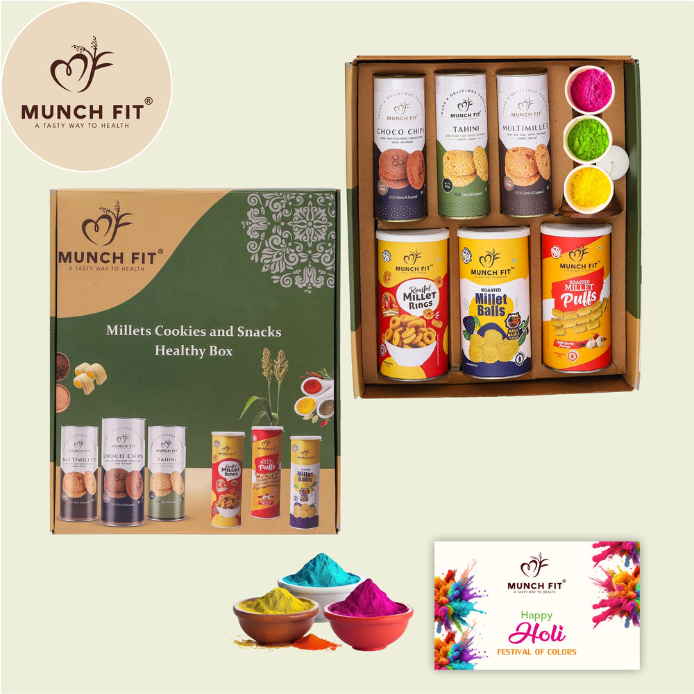 
                  
                    Munchfit Gift Hamper for Holi Festival with Card & Gulal | Combo of Sweet & Salted, Tasty & Crunchy, Roasted & Healthy Snacks & Cookies | Holi Gift Hamper for Friends & Family
                  
                