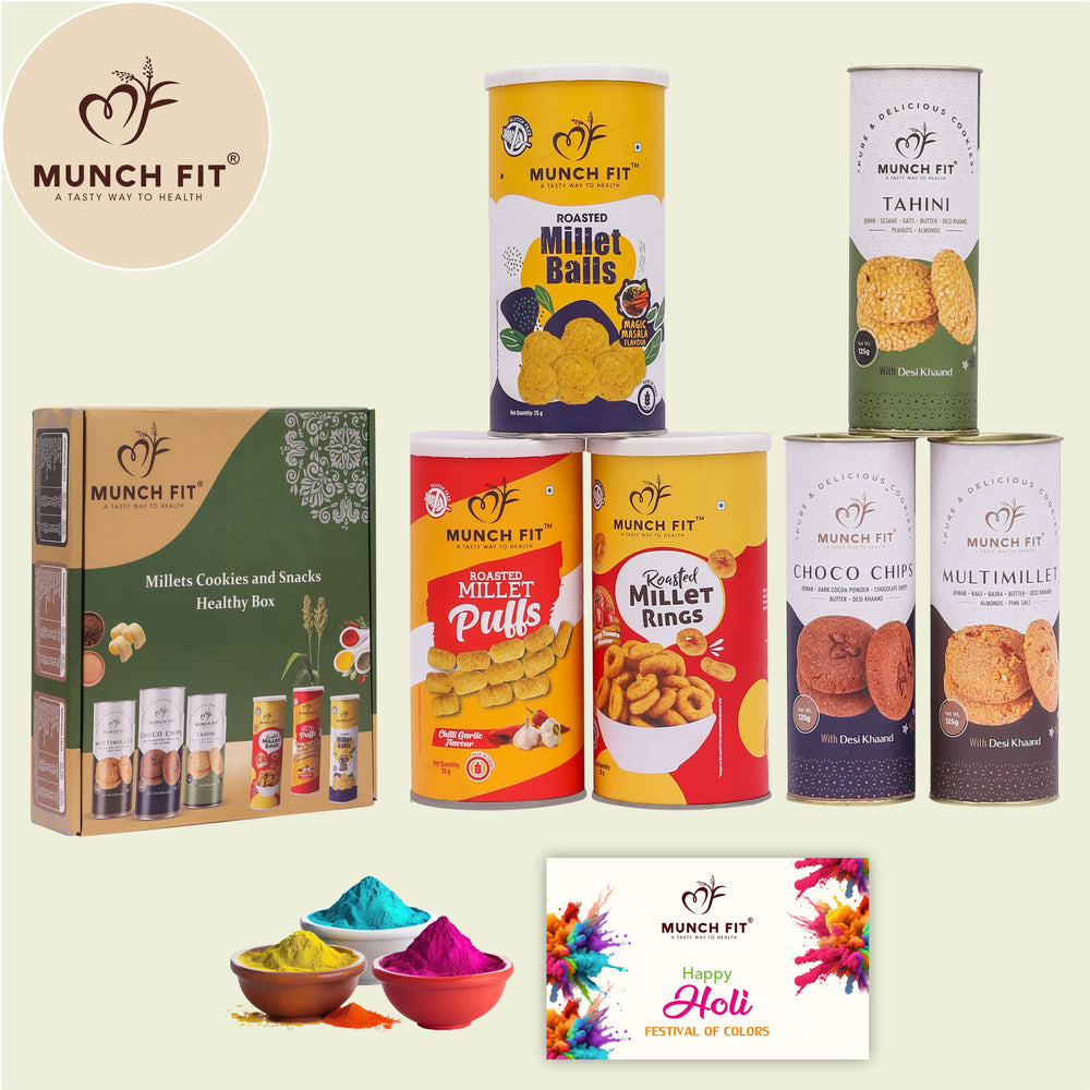 
                  
                    Munchfit Gift Hamper for Holi Festival with Card & Gulal | Combo of Sweet & Salted, Tasty & Crunchy, Roasted & Healthy Snacks & Cookies | Holi Gift Hamper for Friends & Family
                  
                