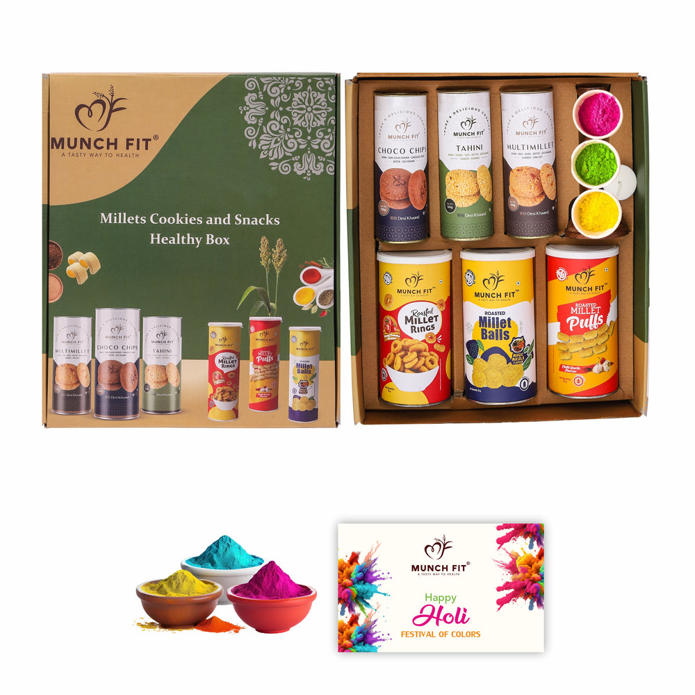 Munchfit Gift Hamper for Holi Festival with Card & Gulal | Combo of Sweet & Salted, Tasty & Crunchy, Roasted & Healthy Snacks & Cookies | Holi Gift Hamper for Friends & Family