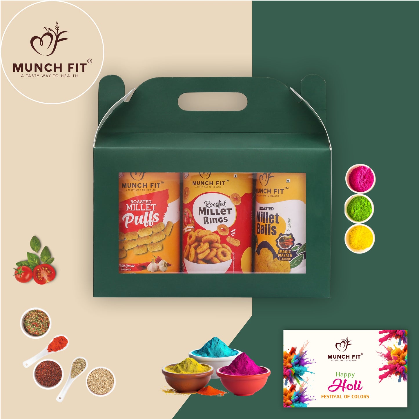 
                  
                    Munchfit Healthy Holi Gift Pack with Gulal & Card | Combo of 3 Varieties of Tasty, Healthy Snacks & Puffs | Perfect Holi Gift Hamper for Family & Friends | Pack of 1x25g each
                  
                